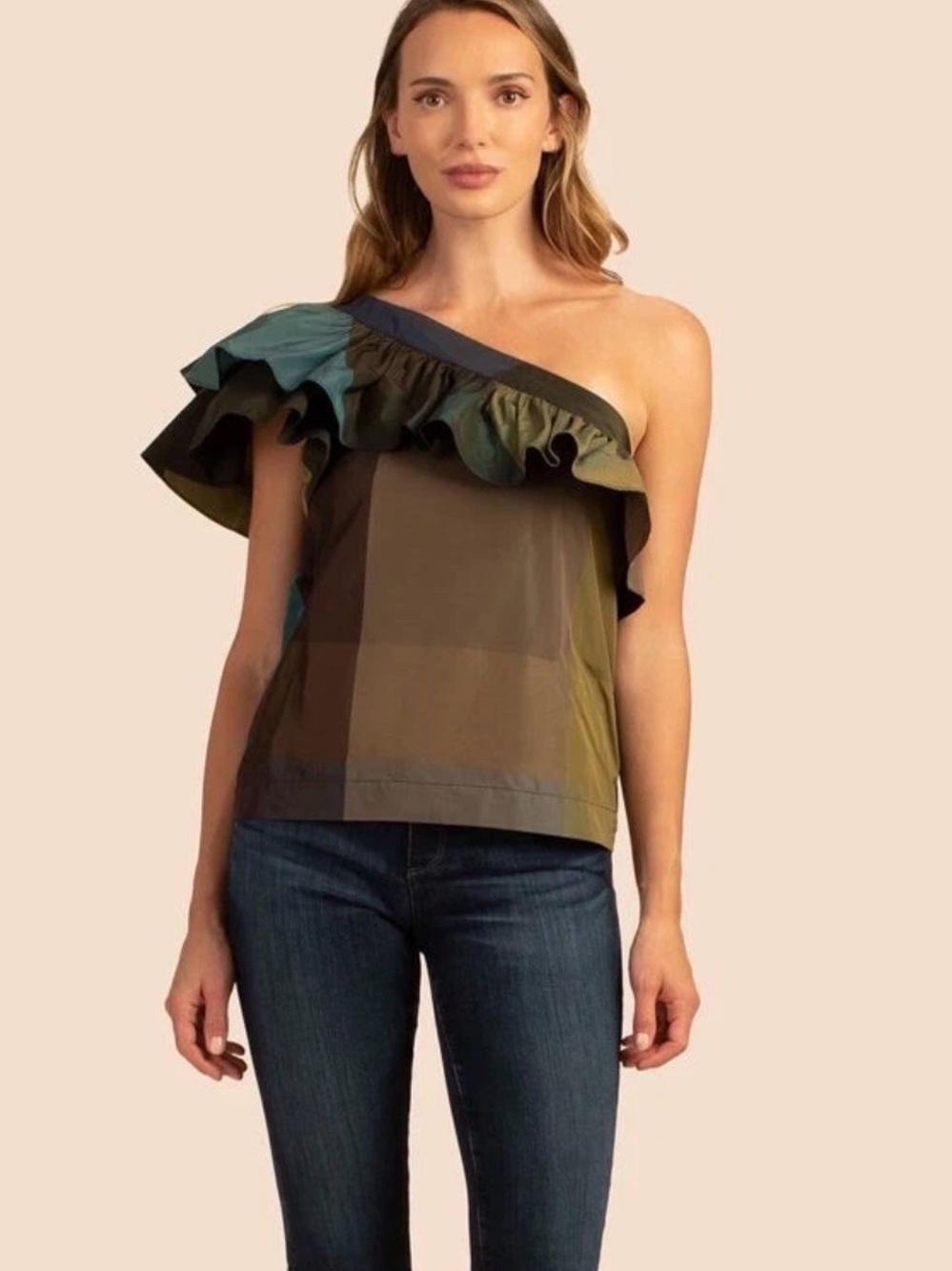 Trina Turk Laksham One Shoulder Plaid Ruffle Top in Blue Green Sz. M $298 XS NEW